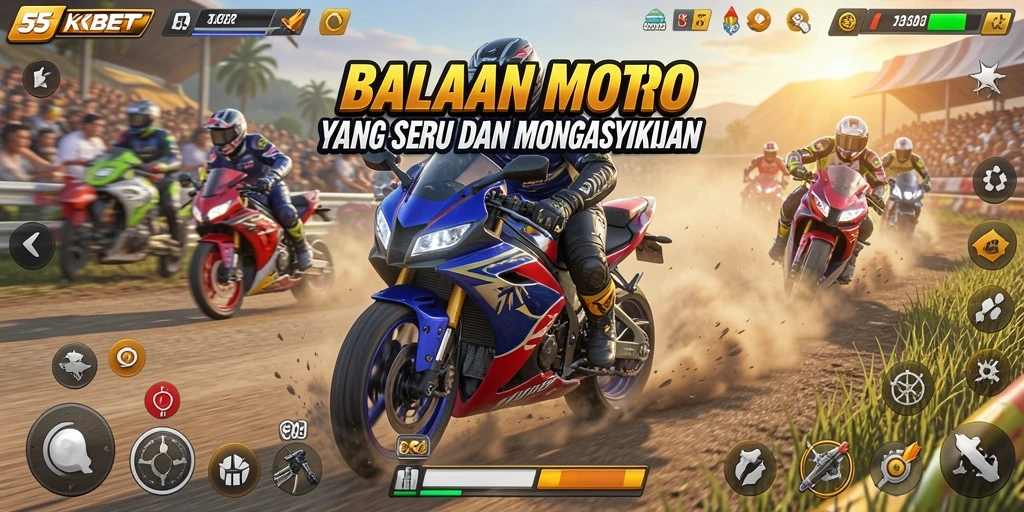 Tampilan gameplay mendebarkan di 55KBET dengan balapan motor seru.