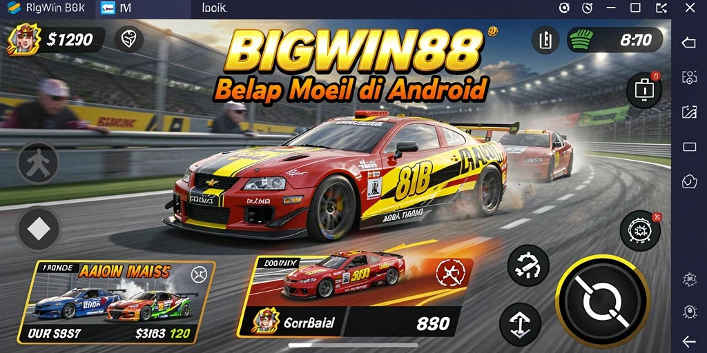 Screenshot gameplay BIGWIN88 menampilkan aksi balapan yang mendebarkan dan mobil yang mengesankan.