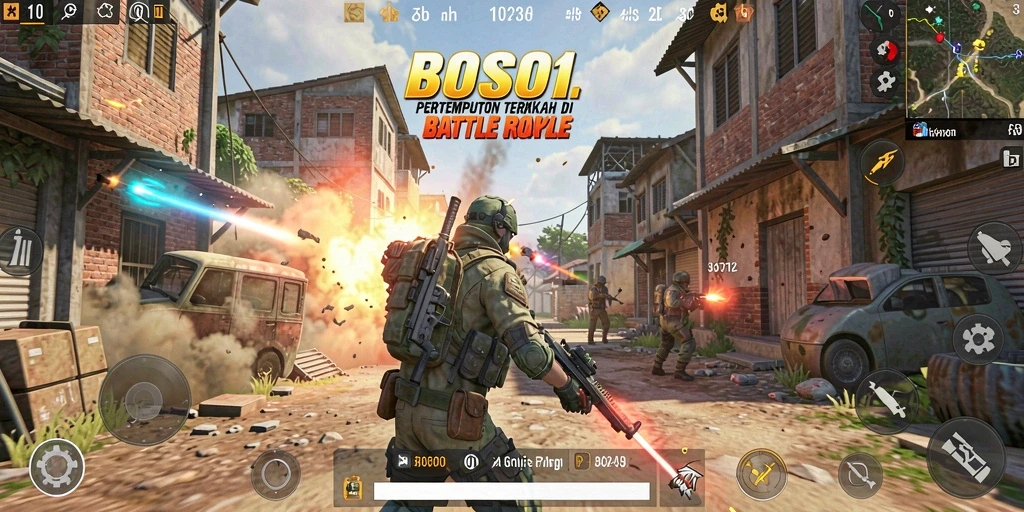 Screenshot menunjukkan pertarungan seru dalam gameplay Battle Royale.