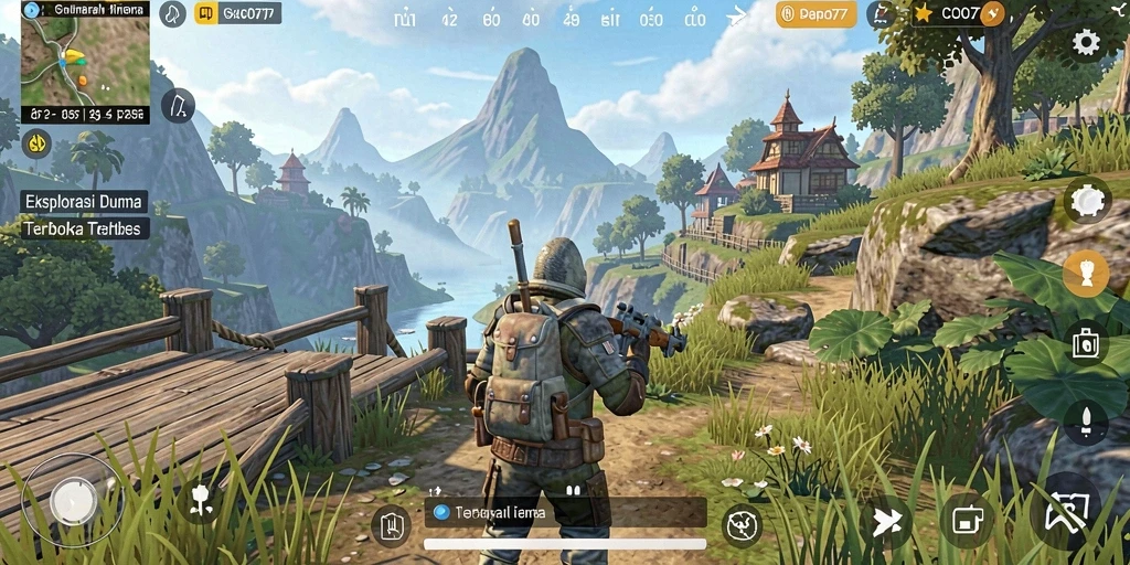 Tangkapan layar gameplay yang menunjukkan eksplorasi dunia terbuka yang luas.
