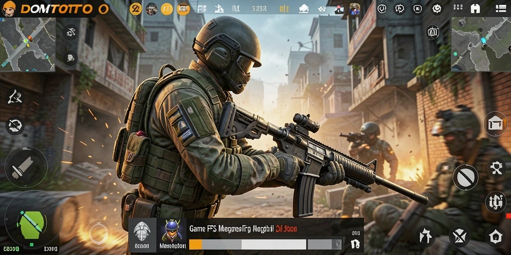 Screenshot utama DOMTOTO menampilkan aksi tembak menembak yang seru.