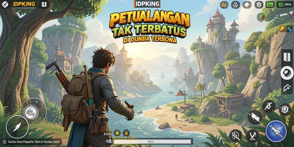 Screenshot gameplay IDPKING menampilkan eksplorasi dunia terbuka yang luas dan menakjubkan.