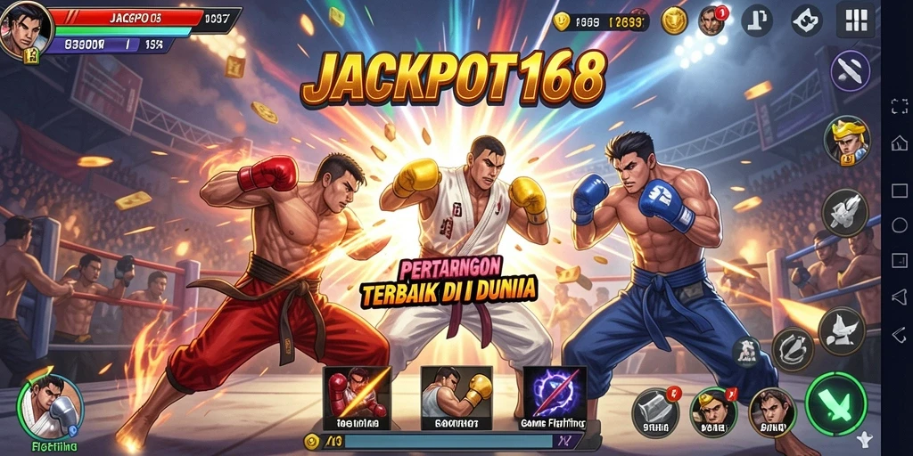 Screenshot utama JACKPOT168 menampilkan aksi pertarungan yang mendebarkan.