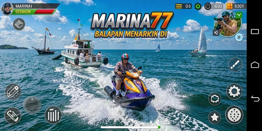 Tampilan gameplay MARINA77 dengan aksi balapan seru di laut.