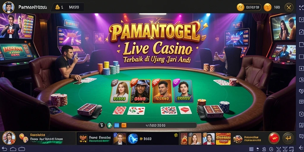 Screenshot menunjukkan gameplay mendebarkan PAMANTOGEL dengan dealer nyata di meja permainan.