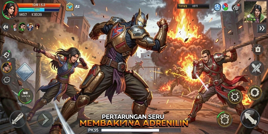 Tampilan gameplay PK95 dengan pertarungan yang intens dan penuh aksi.