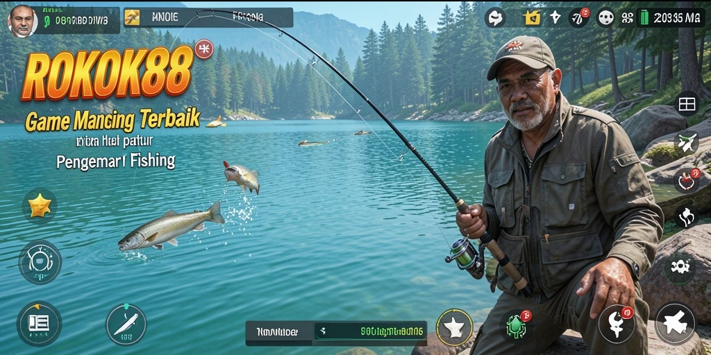 Screenshot gameplay ROKOK88 menunjukkan aksi memancing yang seru.