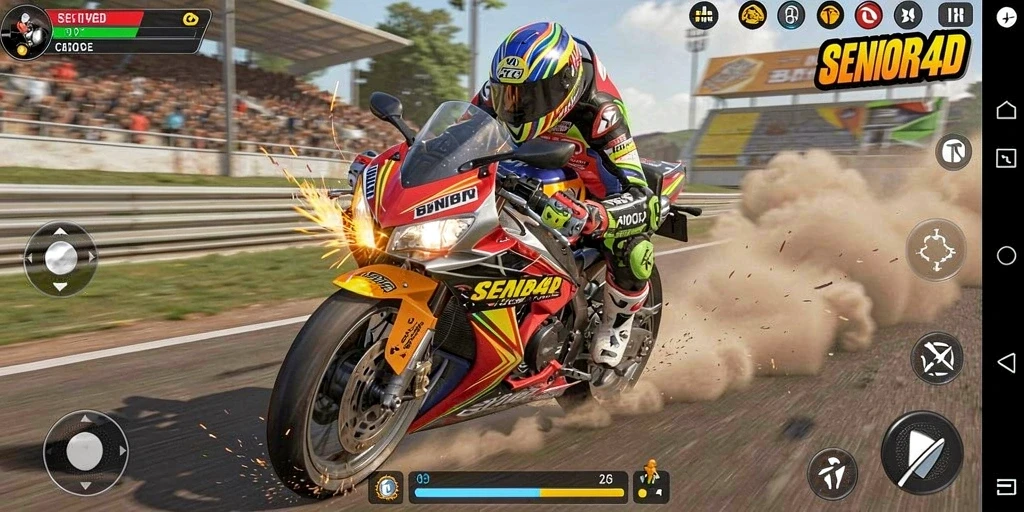 Tangkapan layar dari permainan SENIOR4D dengan aksi balap motor yang mendebarkan.