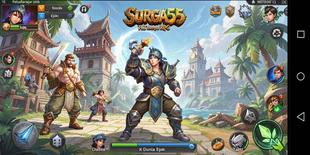 Tampilan gameplay SURGA55 yang menampilkan pertarungan interaktif di dunia RPG.