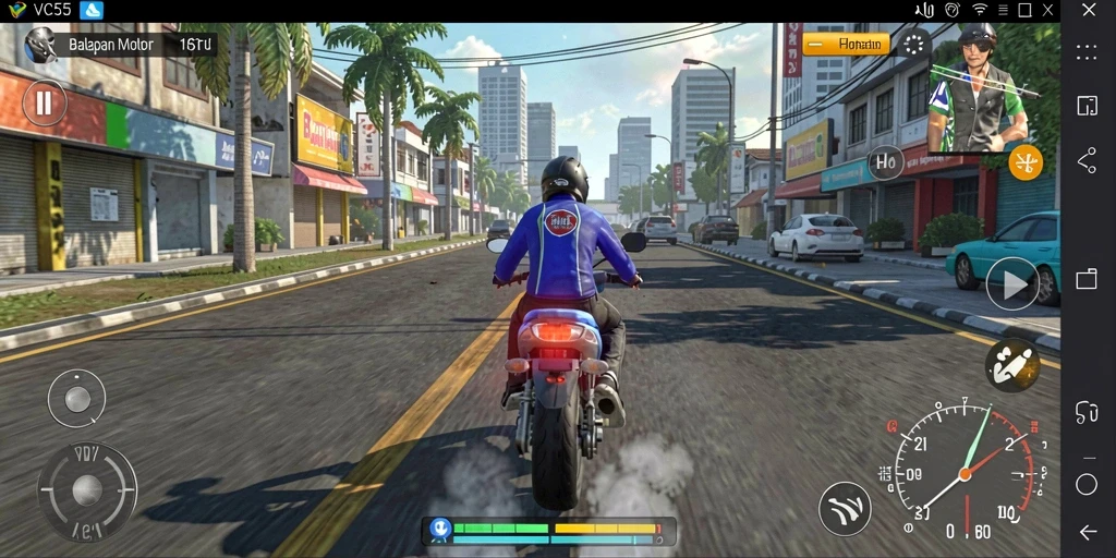 Gameplay VC55 yang menegangkan dan seru saat balapan motor.